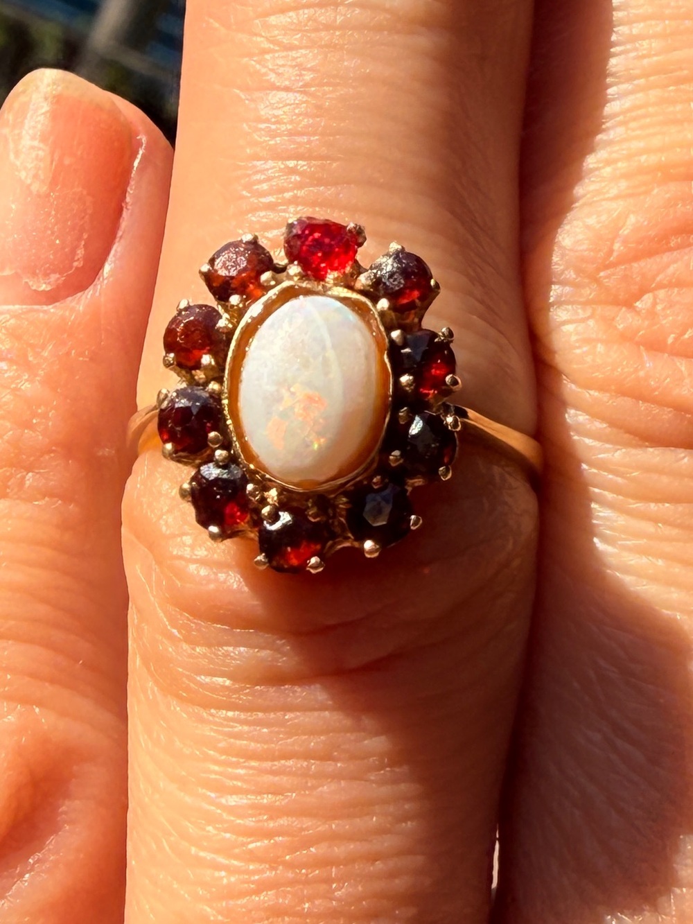 Vintage 14kt Gold Opal & Garnet
"Flower Cluster" Cocktail Ring Sz 6 1/2 - Picture 1 of 16